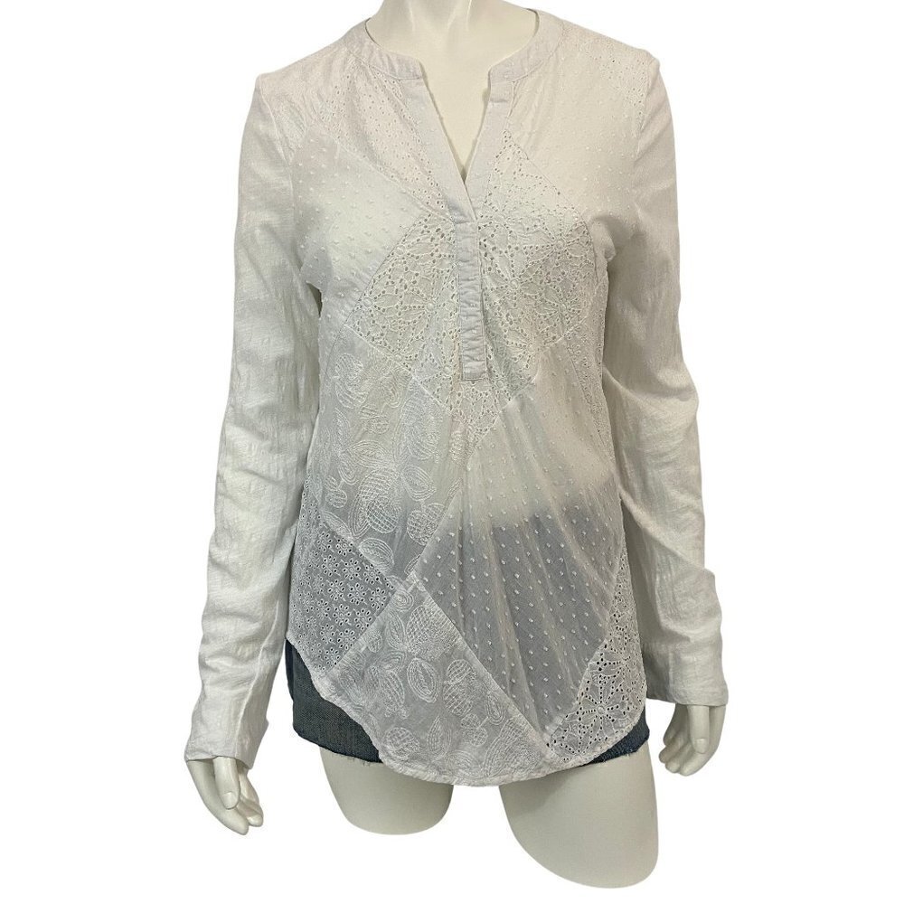 Sundance Women's Long Sleeve Blouse Top Size M Sheer White Cotton Lace V-Neck